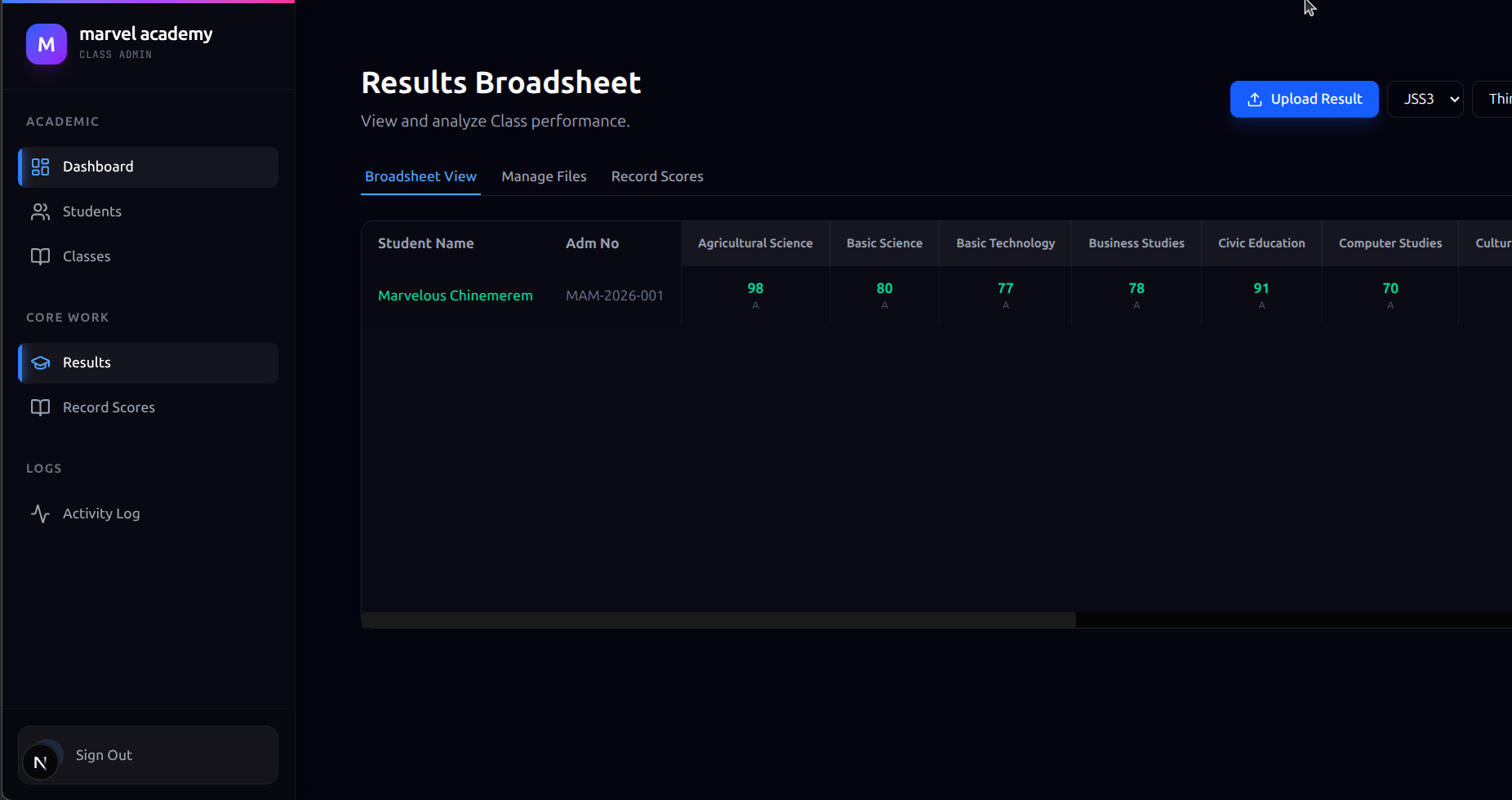 Scholr Results Broadsheet